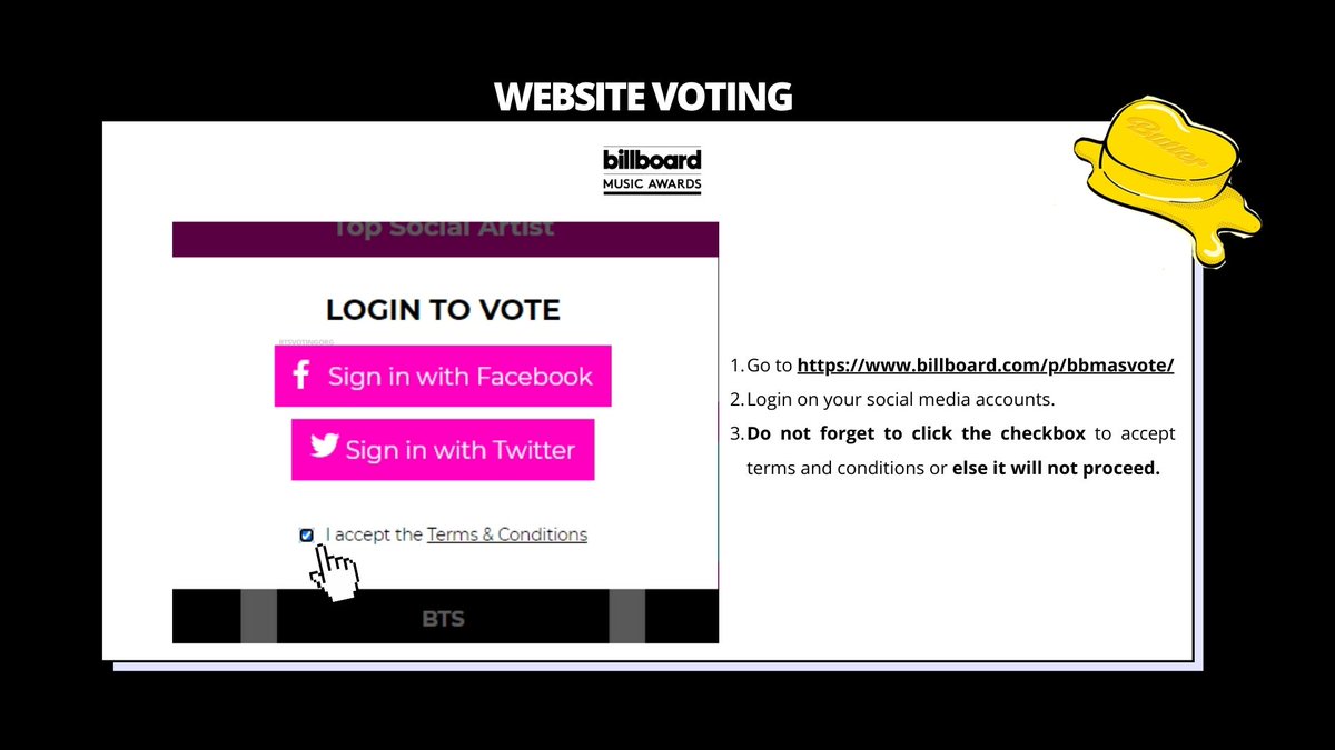  Website Voting➝ Select a Category > Top Social Artist➝ Login To Vote by using all your Facebook and Twitter accounts. Read the infographics below 