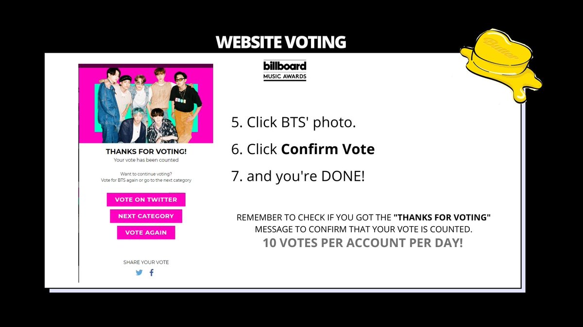  Website Voting ➝ Click and choose BTS! ➝ Confirm to vote!➝ Click Vote Again to vote BTS until you reached 10x votes! Yes, 10x votes!A notification must appear once you reached 10x votes!➝ "OVER LIMIT"