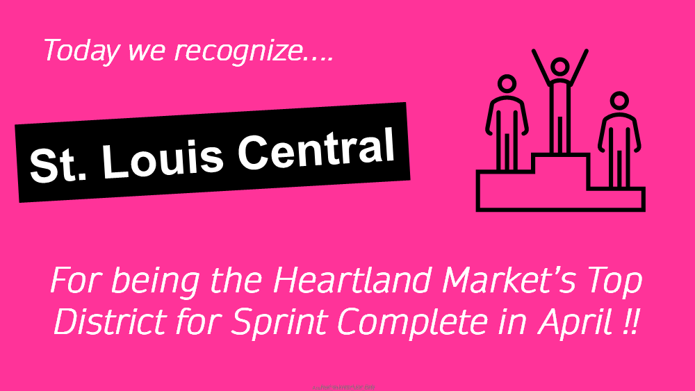Congrats to <a href="/datroxell/">Dustin Troxell</a> and the COR St. Louis Central District for their excellent Sprint Complete Performance in April. Great Work. @SprintComplete @SC_Trotta <a href="/pedrobyers1/">Pedro Byers</a>