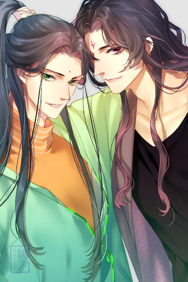 2boys multiple boys male focus green eyes long hair black hair forehead mark  illustration images