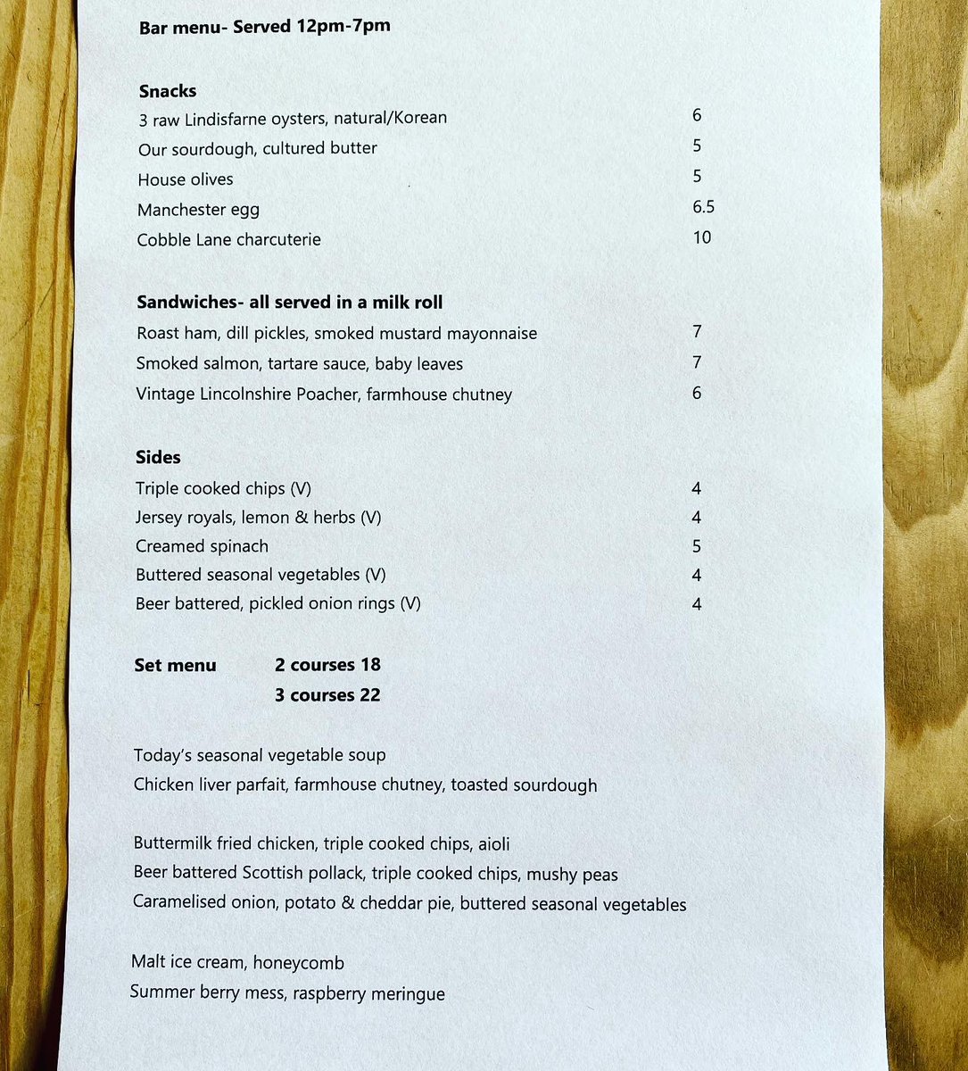 Our bar menu, available 12pm-7pm, a lighter option for those refuelling after a long walk, or casual snacks in the sun. And our set menu, for those looking for something a little more accessible. This set menu is also representative of our kids menu, with small versions from £5