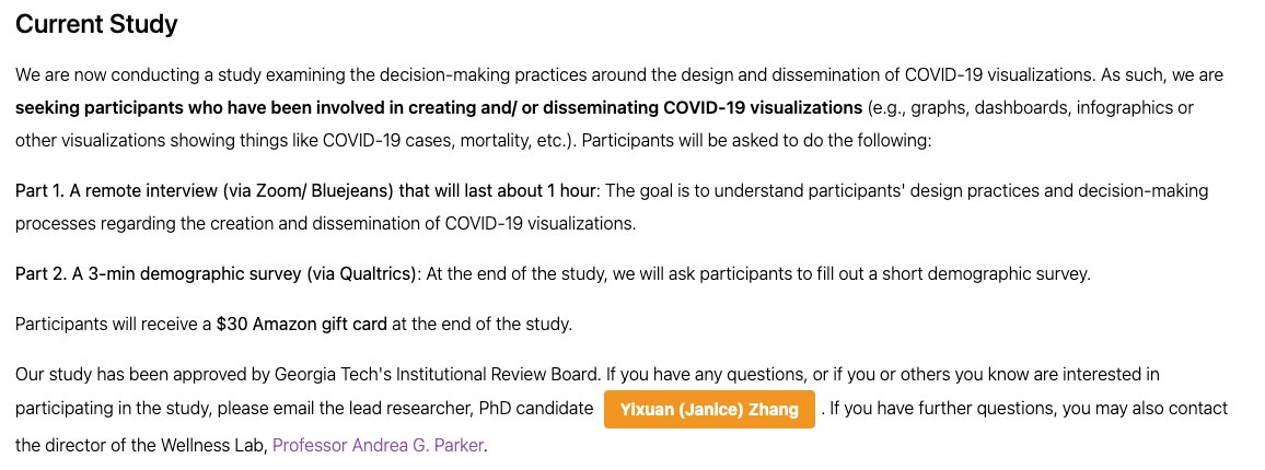 YZhang_Janice's tweet photo. Georgia Tech researchers are seeking participants for a study who have created and/or disseminated COVID-19 visualizations 📊 (e.g., graphs, dashboards showing things like cases, etc.). Participants will receive a $30 gift card. See study details https://t.co/sFtoixfrQV https://t.co/eOAigtBIJW