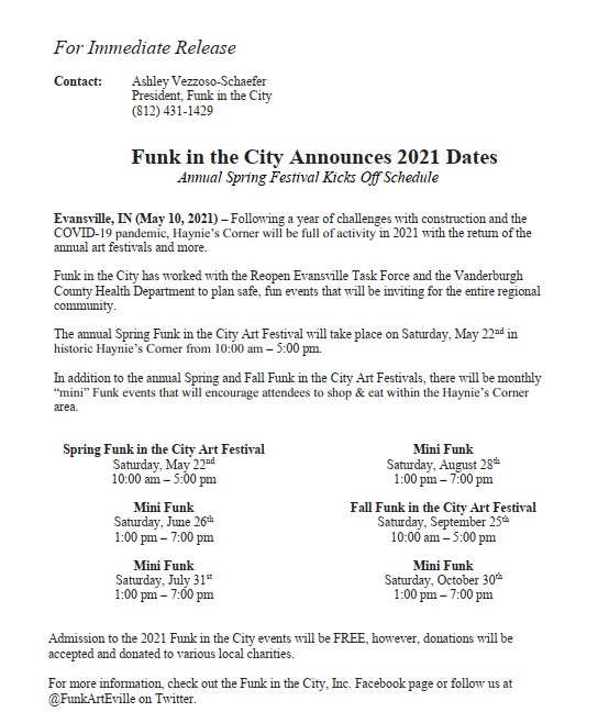 The Annual Spring Funk in the City Art Festival on Saturday, May 22nd will kick-off a series of events in Haynie's Corner for 2021! 🎨 

#FunkArt2021
#ReopenEvv