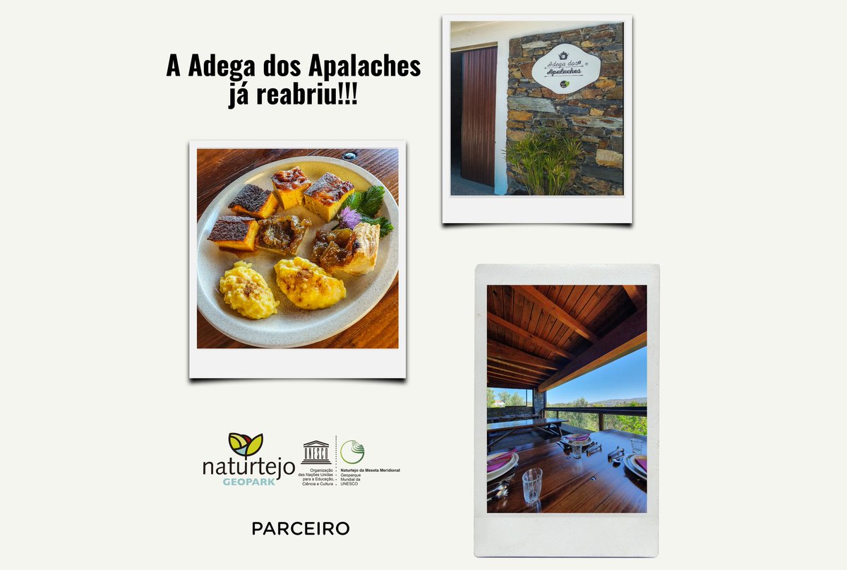 Adega dos Appalaches has already reopened, with the usual delicious flavours but now with a new online booking system!

We have already been there! Now it's your turn!

adegadosapalaches.com

#geoparknaturtejo #unescoglobalgeoparks #ParceirosGeoparkNaturtejo #visitportugal