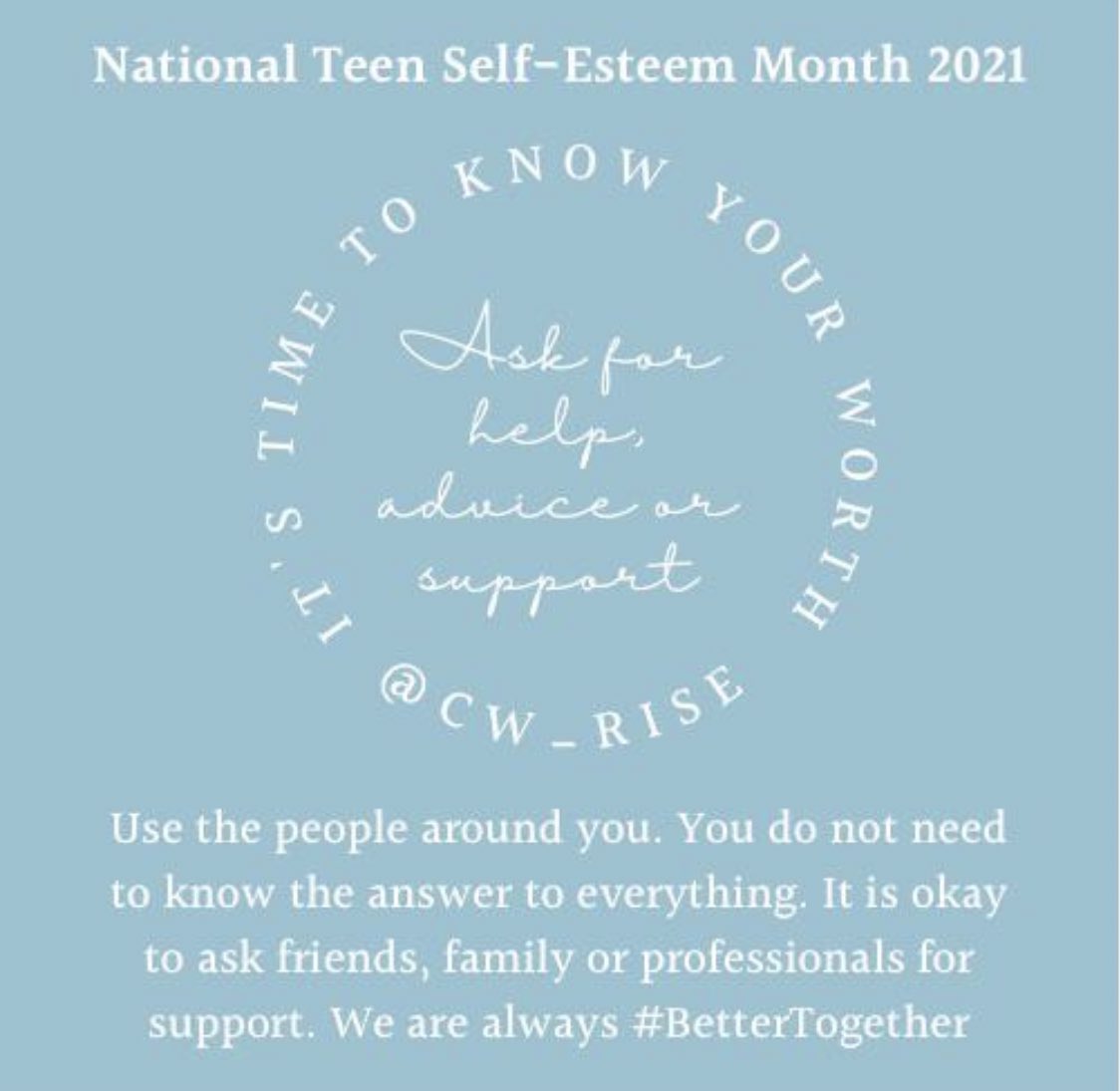 CW_Rise's tweet photo. • Day 10 of 31 of National Teen Self-Esteem Month 2021 •
We are going to complete the 31 day challenge every day to write a social media post with one tip teens can do to become the best version of themselves 💛
#Day10of31 #BetterTogether #31DayChallenge #AskForSupport https://t.co/5rmx2om49h