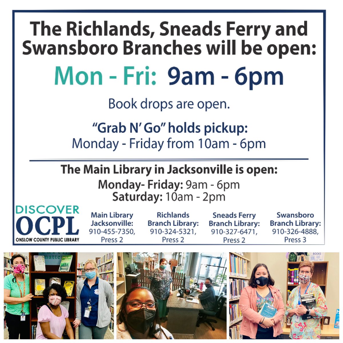 OnslowCoLibrary's tweet image. OCPL Branch Locations are so excited to return to serving our communities Monday-Friday! 

As of Monday, May 10 - OCPL branch locations (Richlands, Sneads Ferry &amp;amp; Swansboro) are open Monday-Friday 9am-6pm.