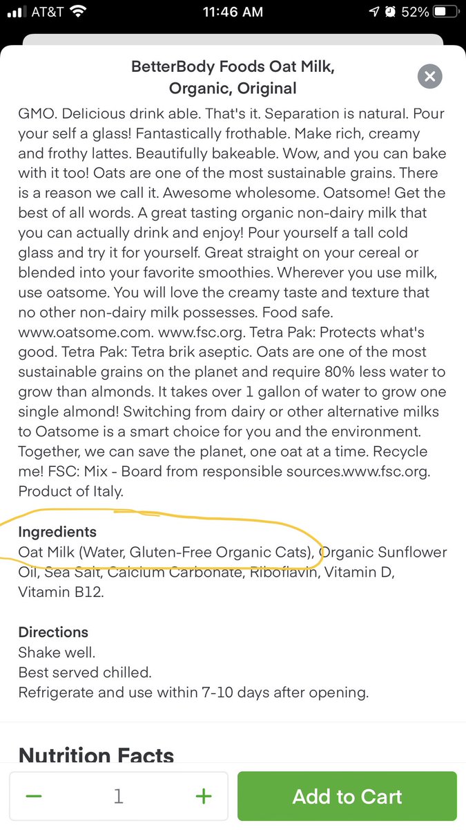 dessie_arnold's tweet photo. Doing an @Instacart order with my local @sproutsfm, go to read ingredient list on a brand of oat milk and see this... 😳🤭😂🤣 #ThatsAHeckinTypo #OrganicGlutenFreeCats https://t.co/E2sgeHcw1S