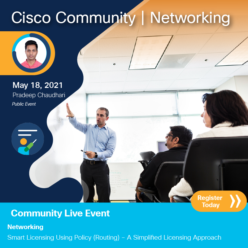 CiscoCommunity's tweet photo. 📢 Community Live Event 💡 Let´s understand the technical details of #SmartLicense with Policy (SLP), the new Cisco Smart Licensing Utility (CSLU) and controllers. Register today 👉 https://t.co/KnMP9iTnNZ 👈 for this live Webinar on 📅 May 18th! https://t.co/4BNg1f9vJ4