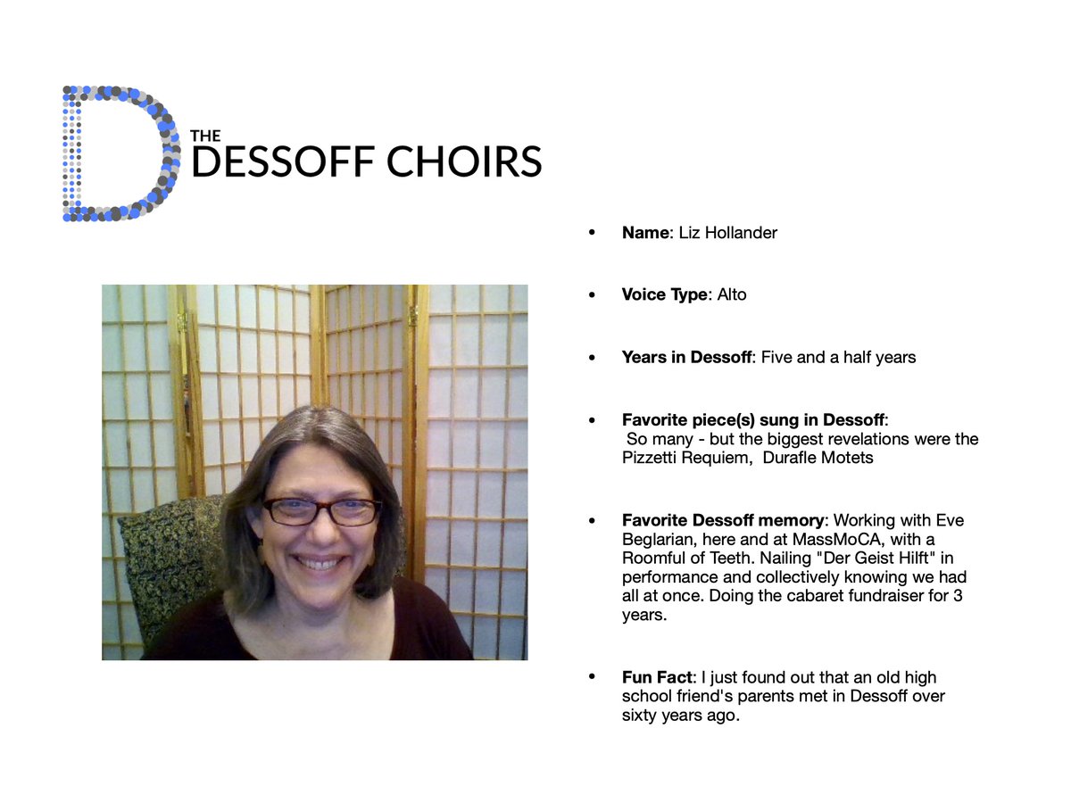 Happy Monday! Meet Liz Hollander! We hope you will continue to follow our membership spotlight throughout the month and celebrate with us on May 24th at Dessoff Dialogue: Dessoff Strong – The Song Continues! More info here: dessoff.org/events/2021/5/…