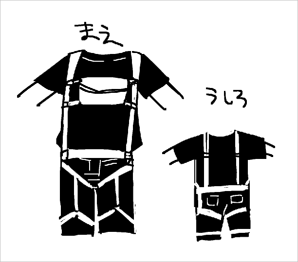 ふよよよ君の 胸のとこについてる謎のポーチの位置と角度、あと足のハーネスっぽいものの角度などからして、こういう構造のハーネスになっているのではと考えています 