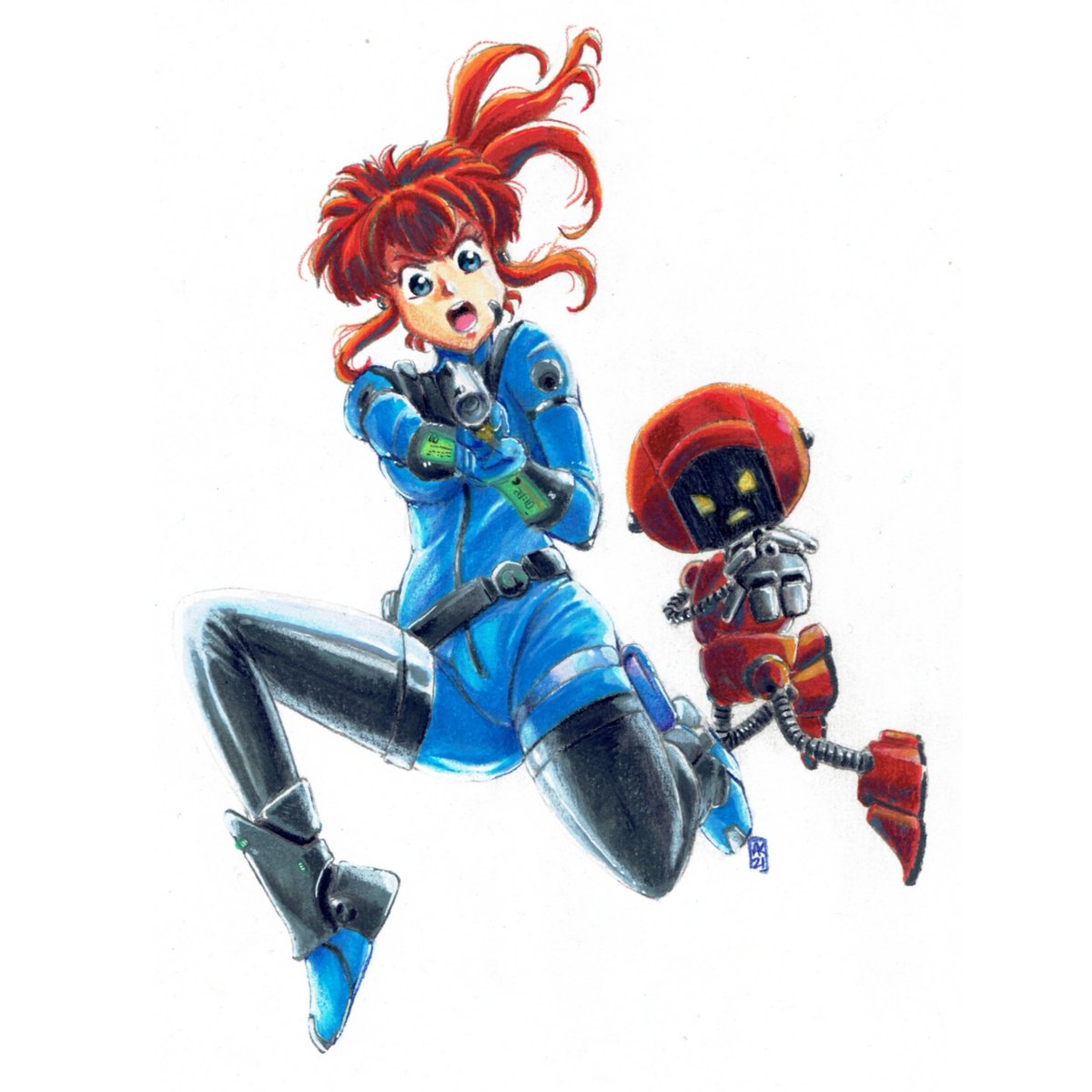 AlexKnight_'s tweet image. New traditional art of my OC Ginger Dangers with her robot companion GIM #SciFI #OC #GingerDangers #GIM #BountyHunter #SpaceGirl #Redhead #Markers #PencilColors #MixedMedia #traditionalart