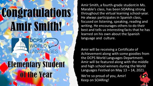 JOWDC_Principal's tweet photo. Congratulations to Amir Smith @dcps_WorldLang Elementary Student of the Year! We are so proud you! Keep SOARing! @JOWilsonDC @JOWPTA @dcpublicschools https://t.co/5bqAdXR49e