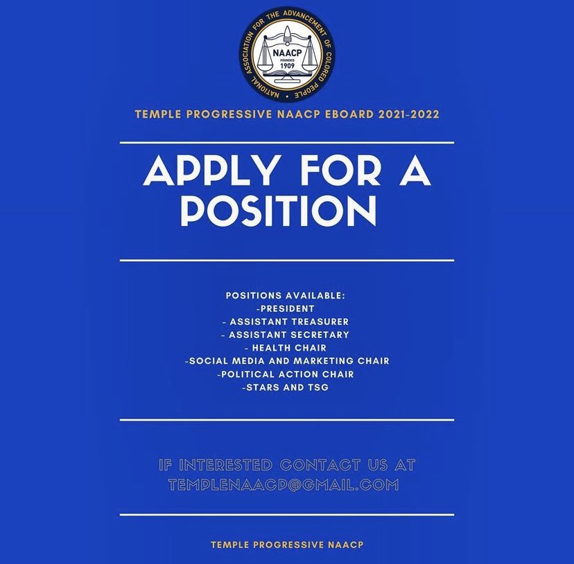 Progressive NAACP (@temple_naacp) on Twitter photo Interested in being an executive board member for Temple NAACP? Please email us at TempleNAACP@gmail.com Interested in being an executive board member for Temple NAACP? Please email us at TempleNAACP@gmail.com
