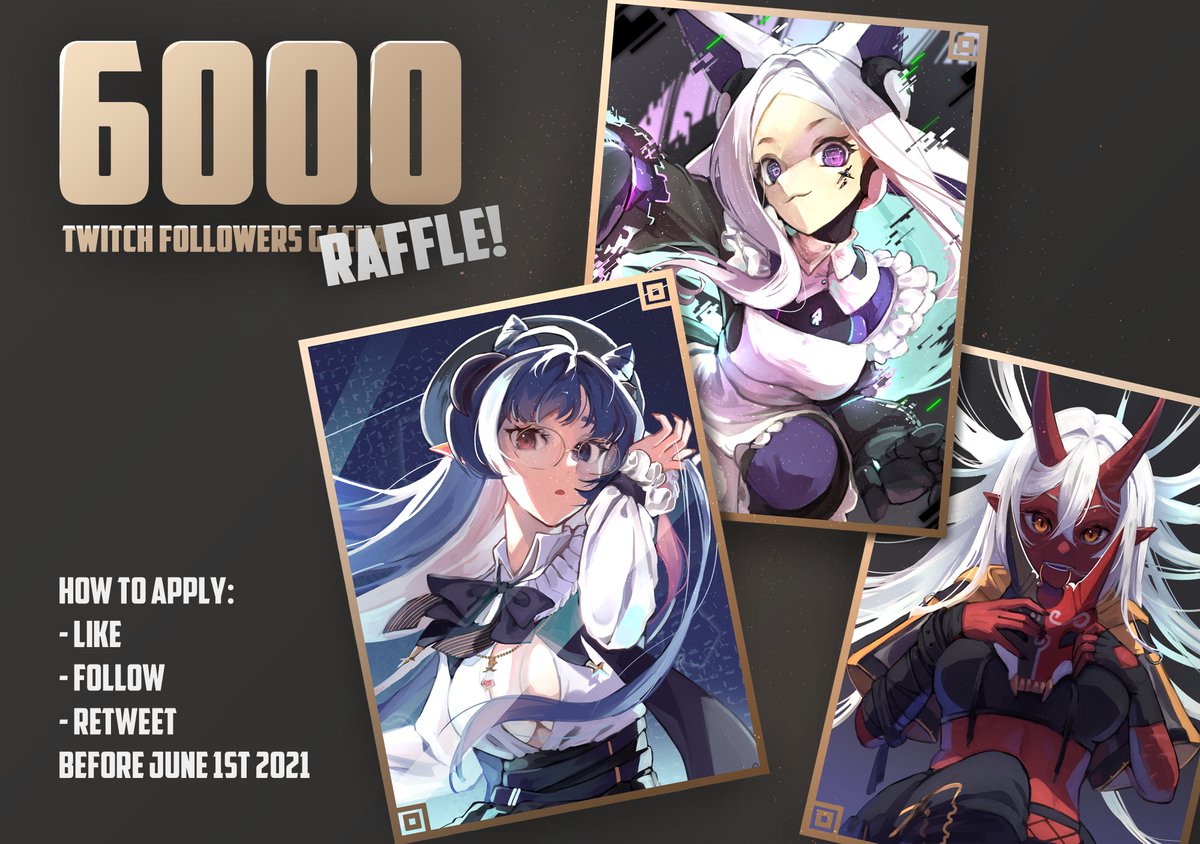 ✨ART RAFFLE!✨

Tho a little late, to celebrate reaching 6000 followers on twitch, I'm doing an art raffle! 🥳

Prize: 1 CHARACTER ILLUSTRATION
(I'll DM the winner and ask for your character)

How to apply?
- Like
- Follow
- Retweet
before June 1st 2021