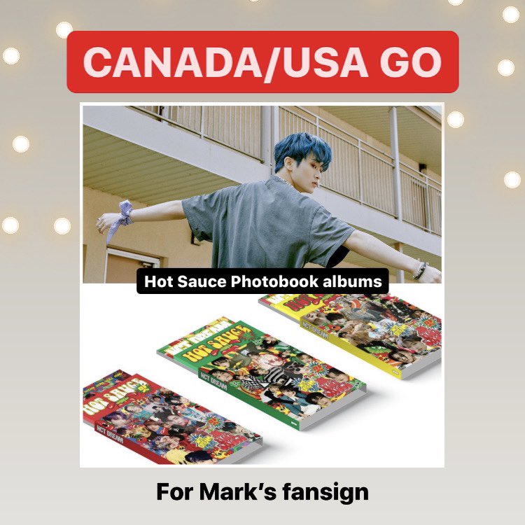 nctzenxGOs's tweet photo. RT! [#nctzenxGOs] NCT Dream Hot Sauce 맛 Album GO - Canada/USA 🇨🇦🇺🇸 Group Order (Mark’s fansign)

🌱$27 CAD (includes all EMS)
🌱Unsealed/sealed
🌟Can do inclusions only if you get 3 or more
🌱Pickups: Vancouver

🌱Form: https://t.co/uz0WsOoFYJ
‼️Closes: May 12, 1AM PST https://t.co/lmf9J99fDB