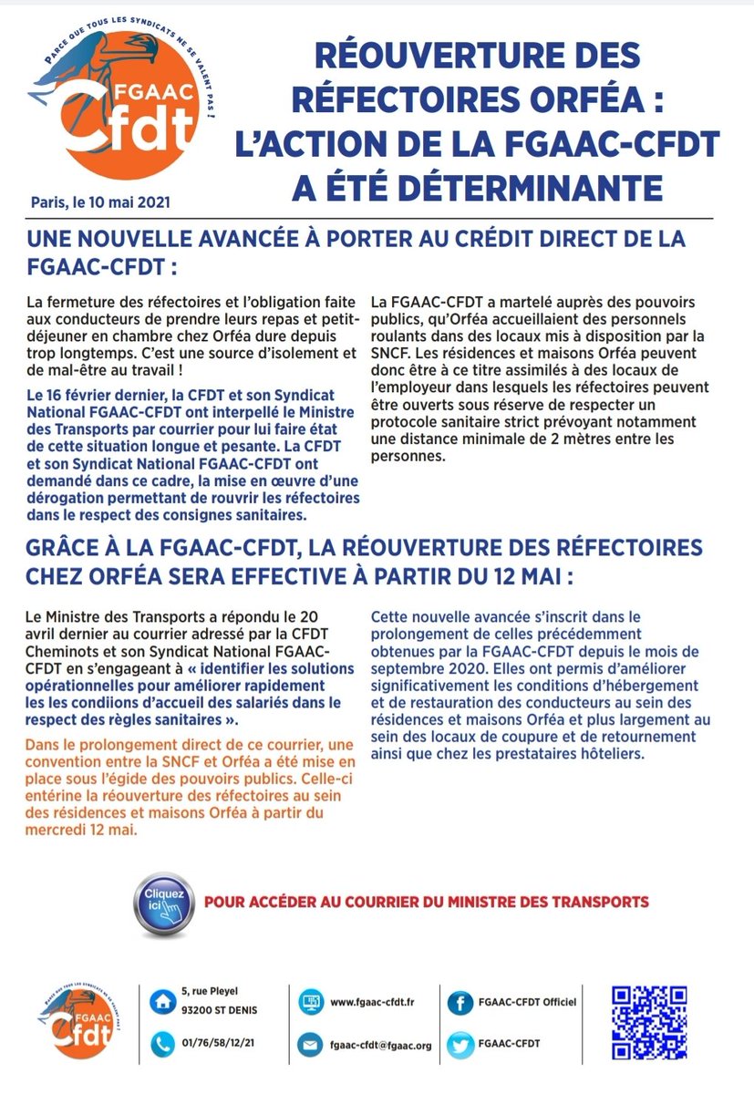 CFDTCheminotIDF's tweet photo. [BREAKING NEWS]
Grâce à la #FGAAC #CFDT la réouverture des réfectoires chez #ORFEA sera effective à partir du 12 Mai 2021.
On est là pour les salariés du @GroupeSNCF 💪🏽💪🏽💪🏽💪🏽 @CFDTCheminotIDF
@cfdtcheminots
Bonne lecture 😉 https://t.co/K66UklVWB4