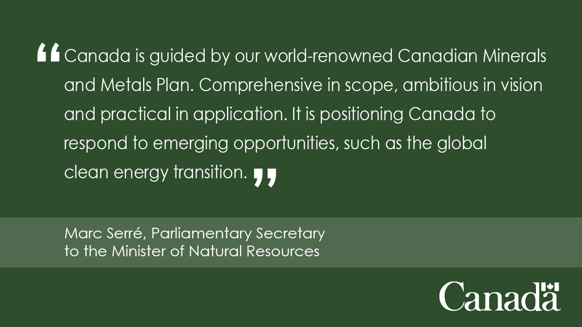 NRCan's tweet image. At the Mineral Outlook Dialogue, PS Serré discussed the role of #CriticalMinerals in our clean energy future and how #YourCMMP will help us reach those goals. He also discussed how #Budget2021 will help us achieve our climate targets. #NationalMiningWeek