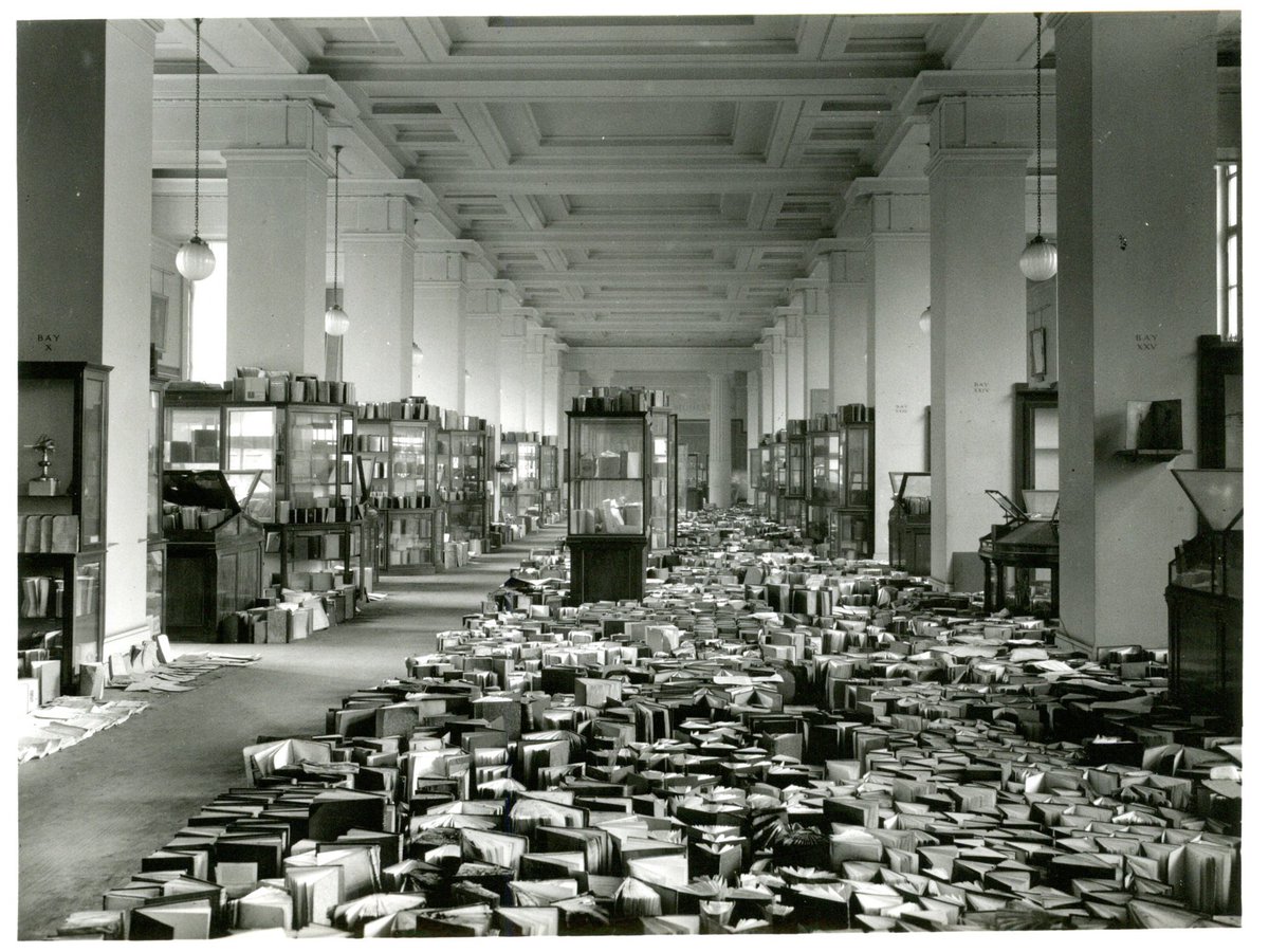 At the BM, the ‘Iron Library’ around the famous reading room caught fire. Harold Plenderleith, head of its conservation lab crawled through the burning space to look. 250,000 books perished that night. He and his assistant salvaged the remainder. Images @npg and  @britishmuseum
