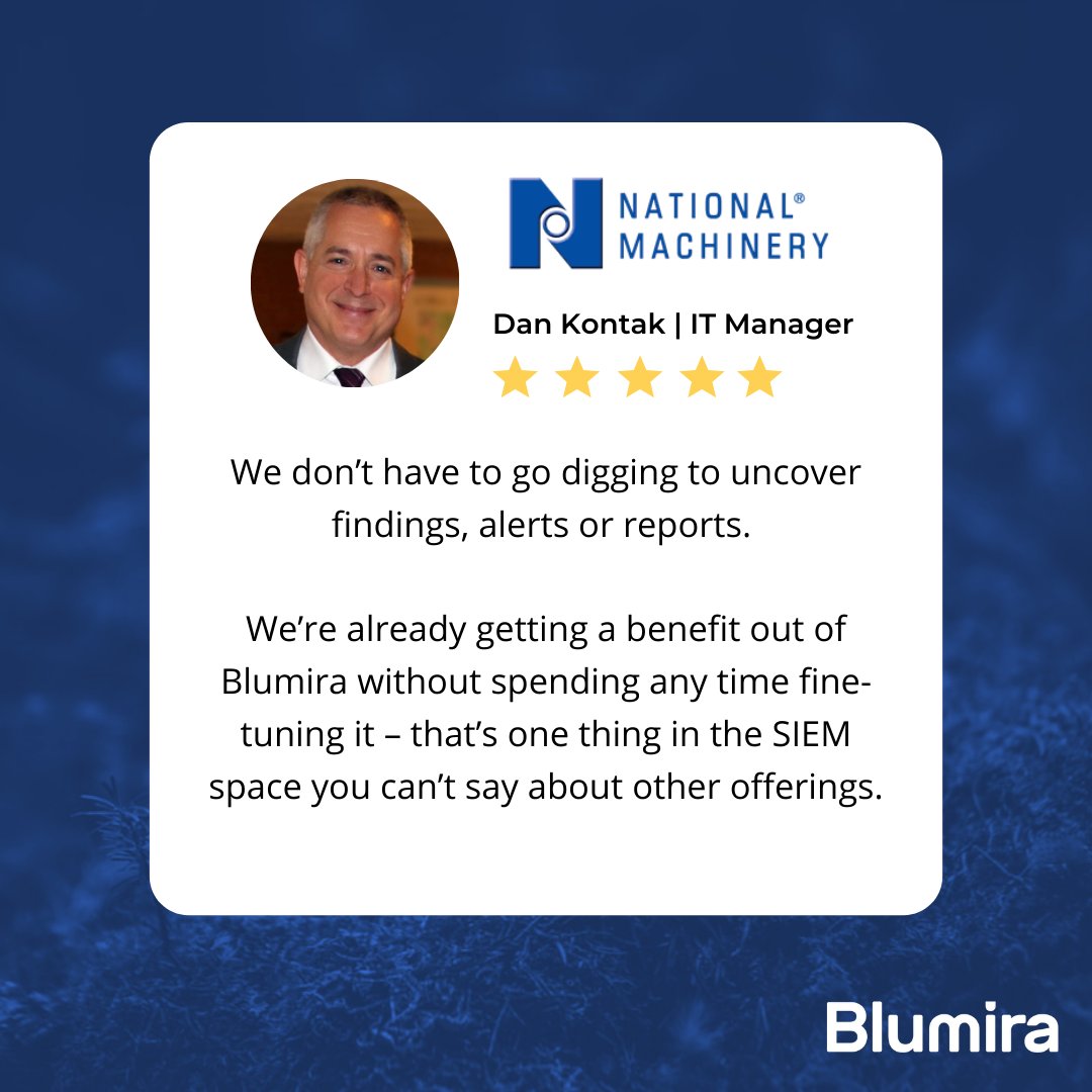 Managing a traditional #SIEM is basically a full-time job. But Blumira customer Dan Kontak, IT Manager at <a href="/nationalmach/">National Machinery </a> started seeing immediate value without fine-tuning or digging for alerts. 
#cybersecurity #infosec #cybersecurity #infosecurity #itsecurity