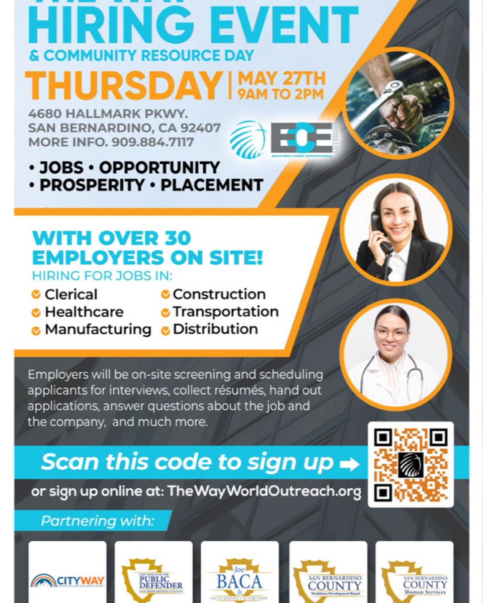 SBCWorkforce's tweet photo. Hiring event, May 27th! Scan, visit https://t.co/7dMzMqCGkI or call 909.884.7117 for more info. #WeAreWorkforce #SanBernardinoCounty #wkdev https://t.co/ZAp7kXiscq