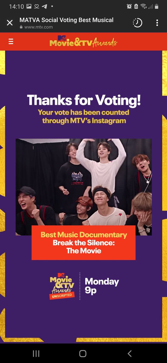 — | IMPORTANTE <a href="/BTS_twt/">방탄소년단</a>

“Break the Silence: The Movie” ha sido nominada en la categoría “Best Music Documentary” en los MTV Movie &amp; TV Awards.

Vayan a votar, solo deben deslizar hacia arriba en las historias de Instagram, la votación dura 24 horas. (instagram.com/stories/mtv/25…)