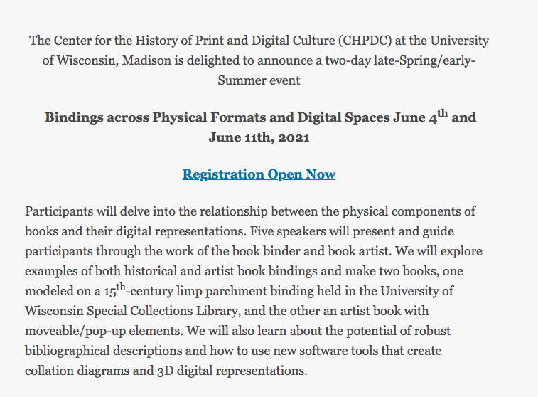 jsench's tweet photo. #BHandDH announcement! @UW_CHPDC is hosting a two-Fridays in June set of workshops centered on making and studying bindings across paper and digital worlds! $135 inclusive of supplies, reduced fee avail for students. Details, regis. @ link & below! https://t.co/YkuMHcjRcv https://t.co/LlvUnX5S87