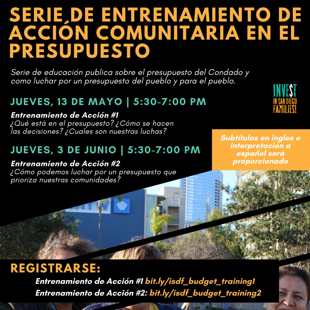 Acompáñenos este jueves, 13 de mayo, 5:30pm, para el primer Entrenamiento de Acción Comunitaria. ¡Aprende como el Condado está gastando tu dinero, cómo se hacen las decisiones y únase a la lucha por un presupuesto del pueblo, para el pueblo! 

Registrarse: bit.ly/isdf_budget_tr…