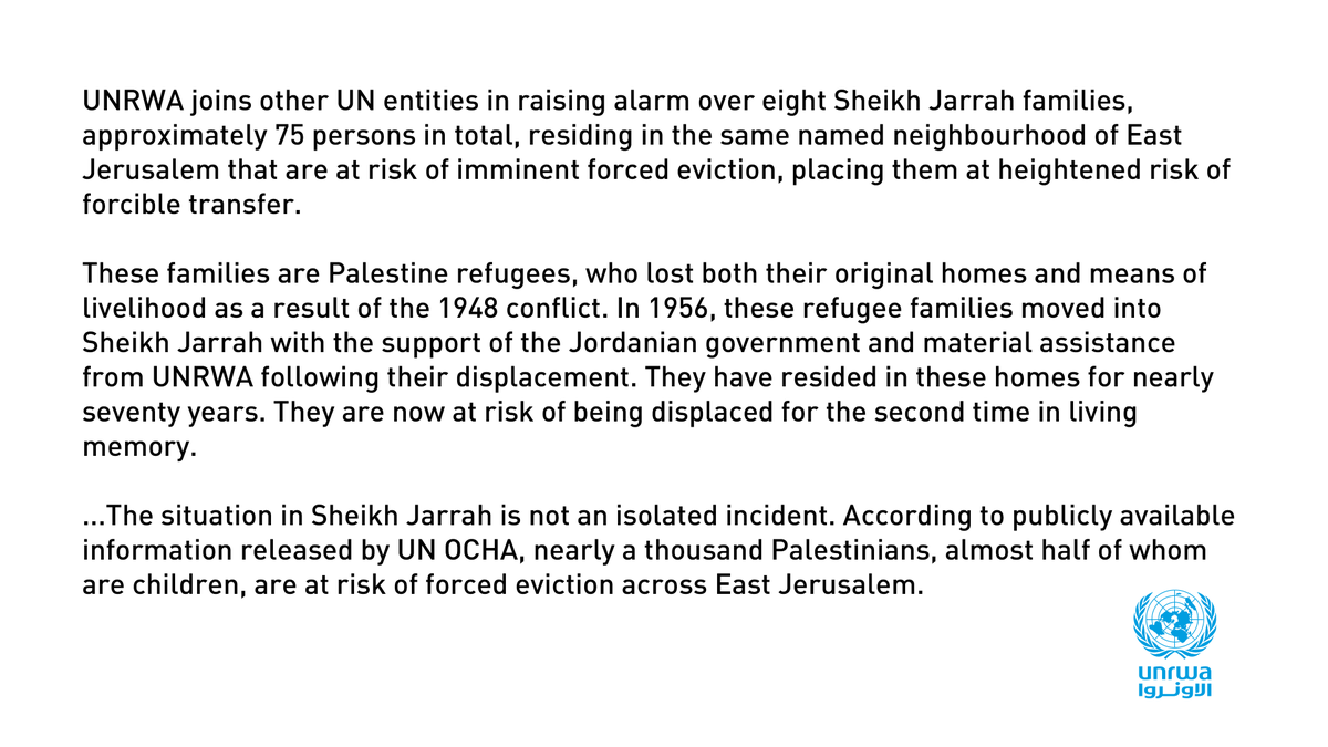 UNRWA joins other  @UN entities in raising alarm over eight  #SheikhJarrah families at risk of forced eviction.Full statement:  http://bit.ly/unrwasheikhjarrah