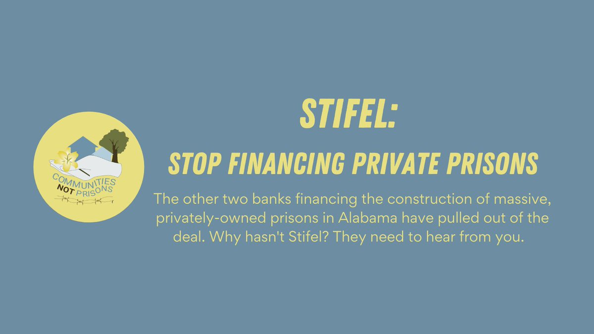 TODAY: Take action in solidarity w/ Communities Not Prisons to STOP Private Prison Project in Alabama!  

Sign petition to push out Stifel, last contending funder of Alabama private prison project. Toolkit: jlanow.org/action0510

#ClosePrisons #CareFirst #CommunitiesNotPrisons