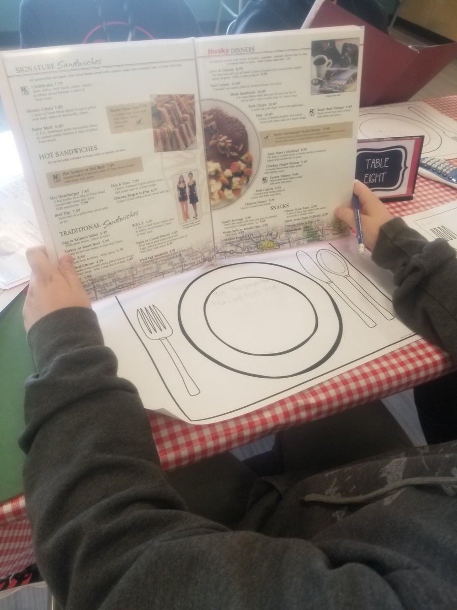 TammyKadler's tweet image. Today we are practicing adding and subtracting decimals. We have set up a restaurant and are ordering off the menu to find out the cost of our bills. #MiddleYearsMath @PlainsviewSch