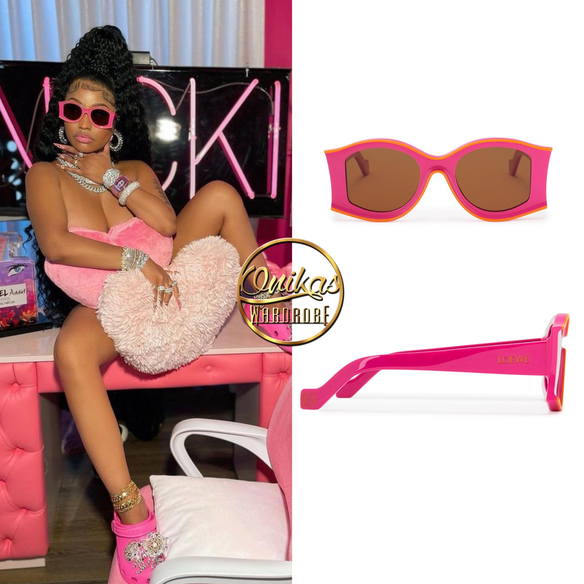 ♏️Onika's Wardrobe™ on X: .@NICKIMINAJ wore @LoeweOfficial sunglasses  ($340) with @RafaelloandCo jewels, a @Richard_Mille watch and @Crocs with  custom @CHANEL charms. •• styled by @DiAndre_Tristan 💖   / X