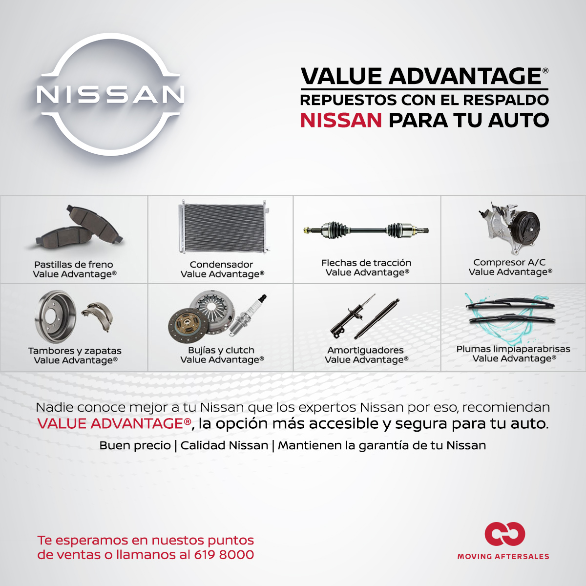 NissanParaguay's tweet image. ¡Primero tu seguridad! Conoce #ValueAdvantage, nueva línea de refacciones originales para tu Nissan. bit.ly/3tPfBF2