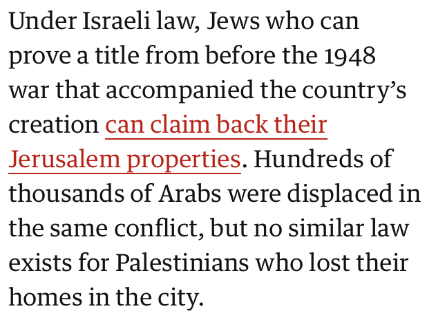 Seeing a lot of references like these in  @nytimes and  @guardian (and in more indignant forms in tweets) to supposed Israeli law that allows Jews to recover lost property from 1948 but not Arabs. This is a huge misrepresentation of complex legal situation.1/12