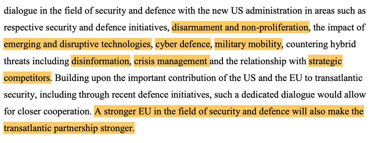 15/ EU-US: The declaration ends with an interesting para on EU-US cooperation on security and defense. Member states call for discussions between Washington and Brussels on disarmament/non proliferation, new tech/cyber, crisis management, disinformation or strategic competition.