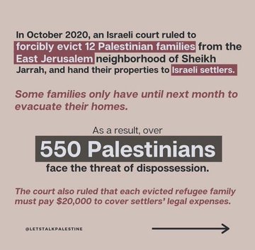 Palestinian families are getting evicted out of their homes by the Israeli Government even though they have presented several legal documents to prove their ownership, their homes are still being handed over to Israeli settlers.  #SaveSheikhJarrah  #SavePalestine