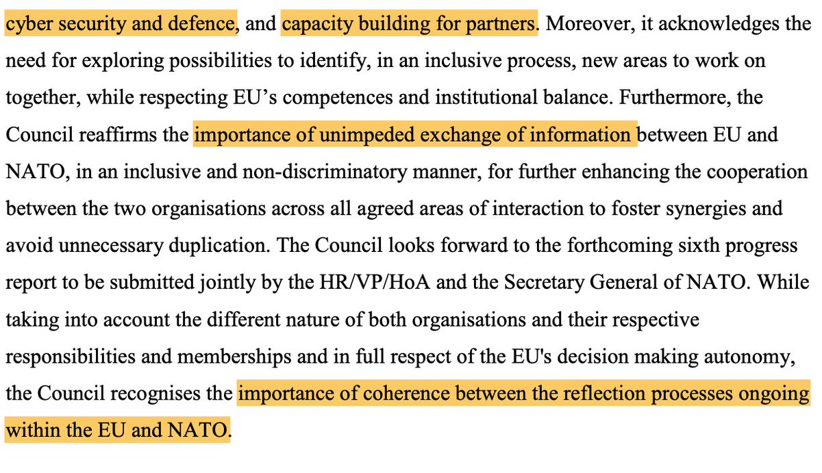 14/ EU-NATO: In a *long* paragraph, member states call for a strengthened EU-NATO partnership, in particular in the areas of exercises, operations (notably between IRINI and MARCOM), military mobility, cyber or capacity building.