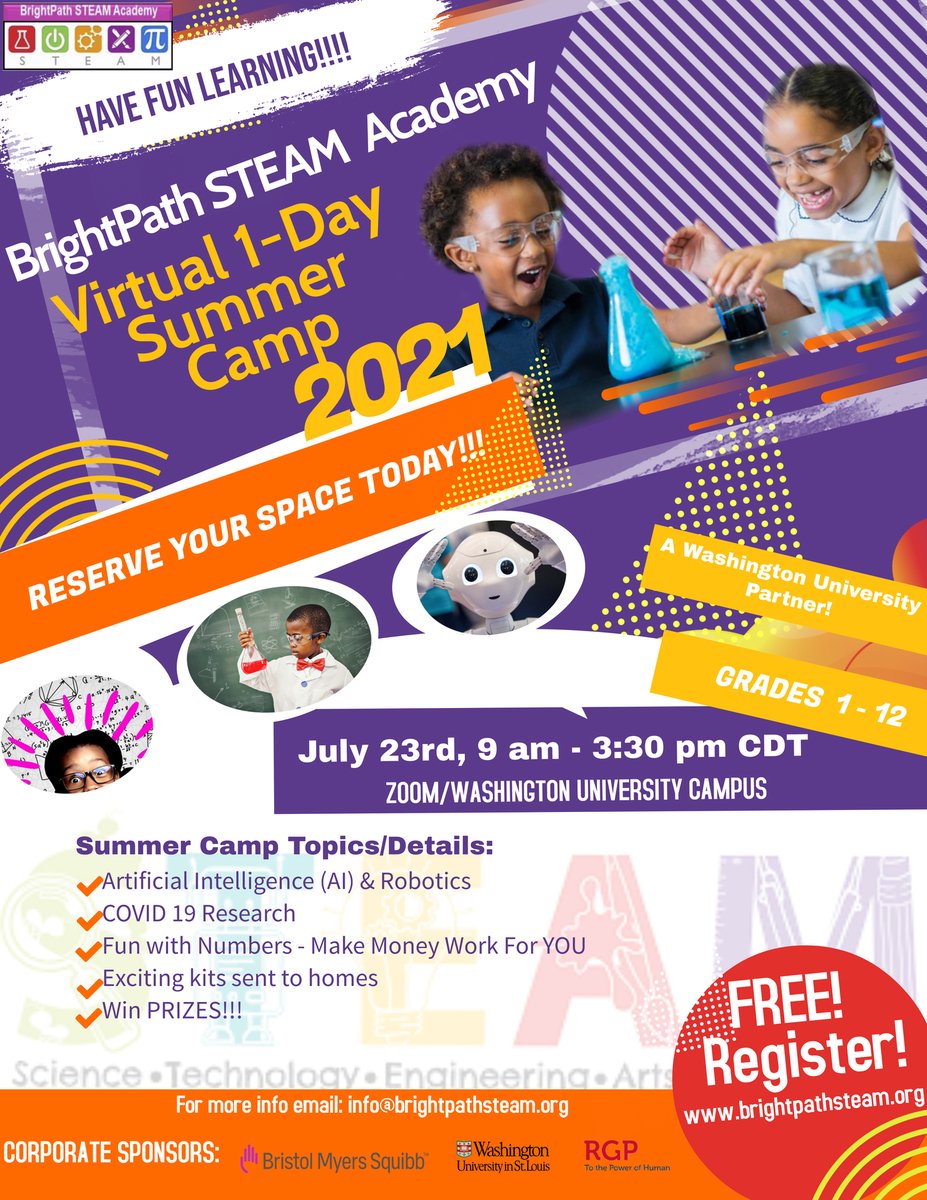ProphtessMarcia's tweet photo. Sign up TODAY!!! BrightPath STEAM Academy Virtual 1 day Summer Camp 2021 - July 23! Click below to register your child or youth!
Register here: https://t.co/ercVUipks5

#STEAM #STEM https://t.co/hD3M0pVGnb