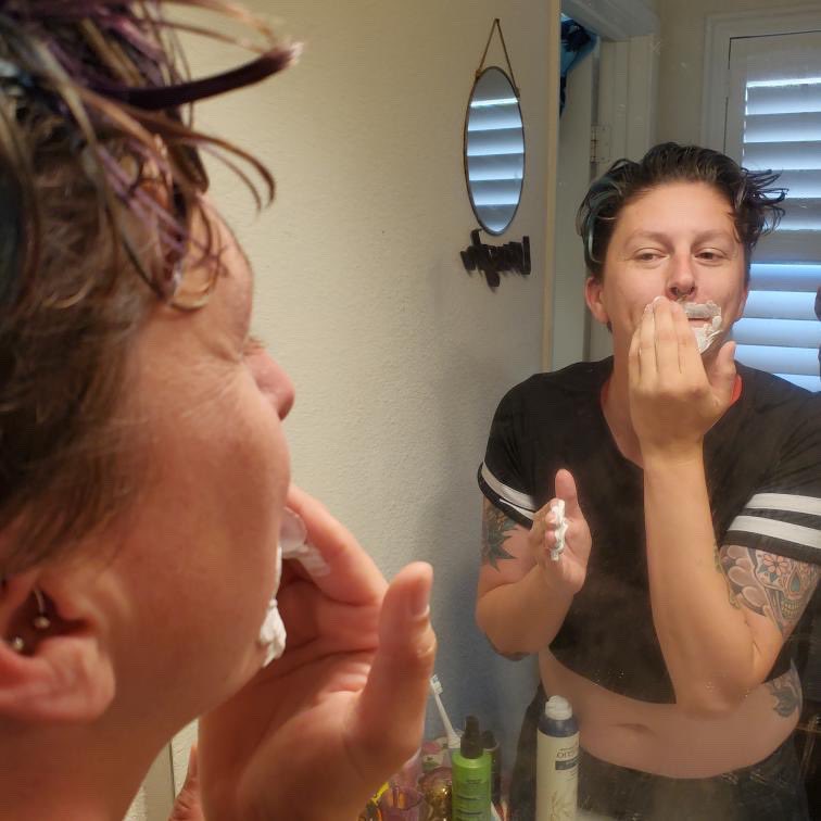 FrogPrinceJess's tweet photo. I can remember pretending to shave my face as a kid. Only to be told I could only pretend to shave my legs 🙄 Well...Six months on T. First Shave 🐸💜😻 #transmasc #t4t #translove #transjoy #transfirsts #itsthelittlethings https://t.co/bHP0B0rB7U
