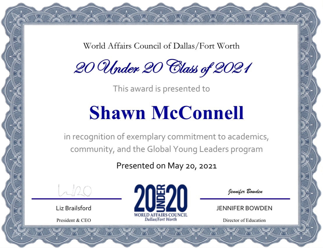 Congratulations to Shawn McConnell, LHS Senior, who recently received the 20 Under 20 Award from the Dallas World Affairs Council! He was selected from hundreds of DFW Junior World Affairs Council candidates for his global leadership, learning, and regional engagement.
