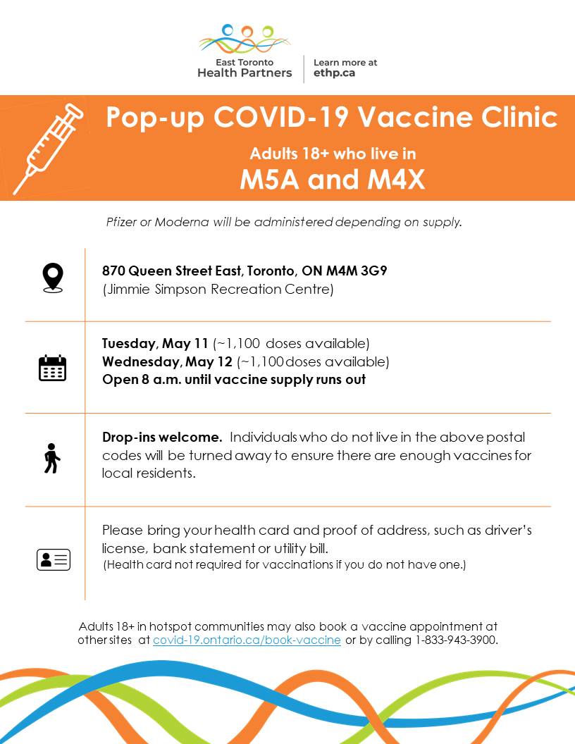 MGHToronto's tweet photo. We're operating a pop-up #COVID19 vaccine clinic at Jimmie Simpson Recreation Centre tomorrow (May 11) and Wednesday (May 12) for adults 18+ who live in M5A and M4X.

Drop-ins welcome, proof of address required. Open 8 a.m. until vaccine supply runs out. #TeamVaccine 1/2 https://t.co/kTVPDpe7en