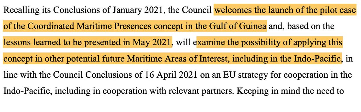 11/ Maritime security: Member states stress Europe's ambition to become a "global maritime security provider" through coordinated maritime presences, regular port calls around the world and cooperation with partners.