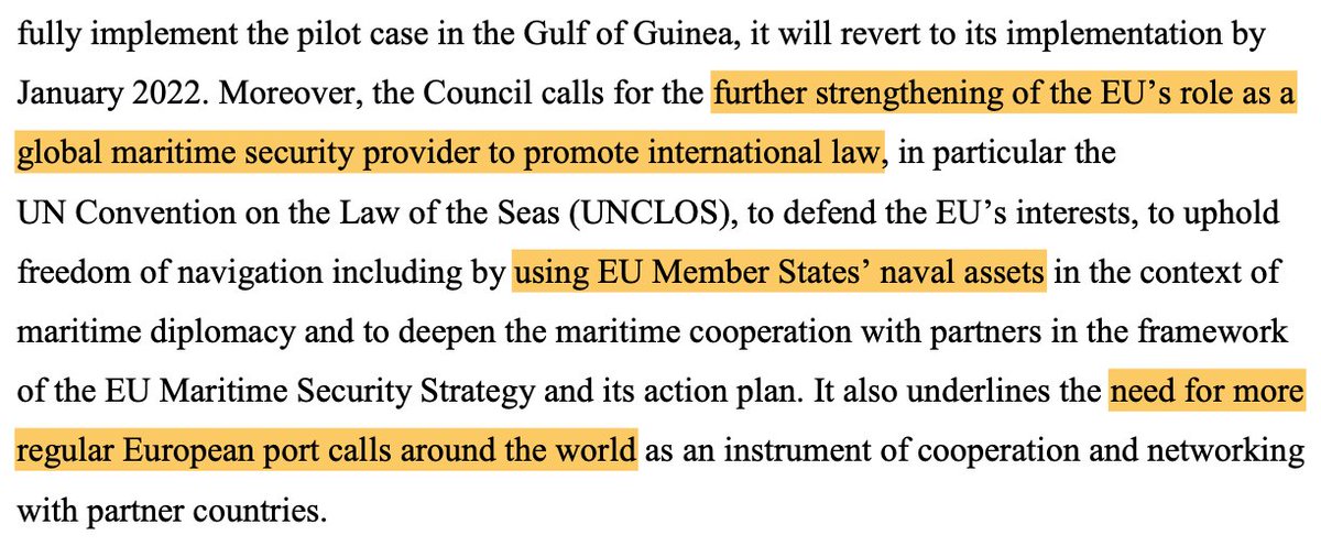 11/ Maritime security: Member states stress Europe's ambition to become a "global maritime security provider" through coordinated maritime presences, regular port calls around the world and cooperation with partners.