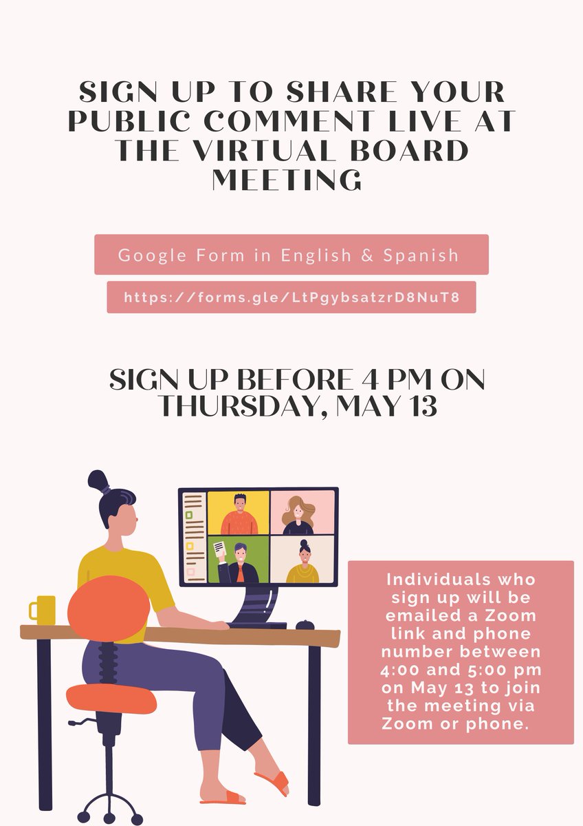 WoodlandSchools's tweet photo. We are now accepting live public comments at the May 13 virtual Board Meeting. Sign up by 4 pm on or before the day of the Board Meeting via Google Form (https://t.co/C5AWv16Mbg) or in-person with the receptionist at the District Office. https://t.co/tgjDEXANJb
