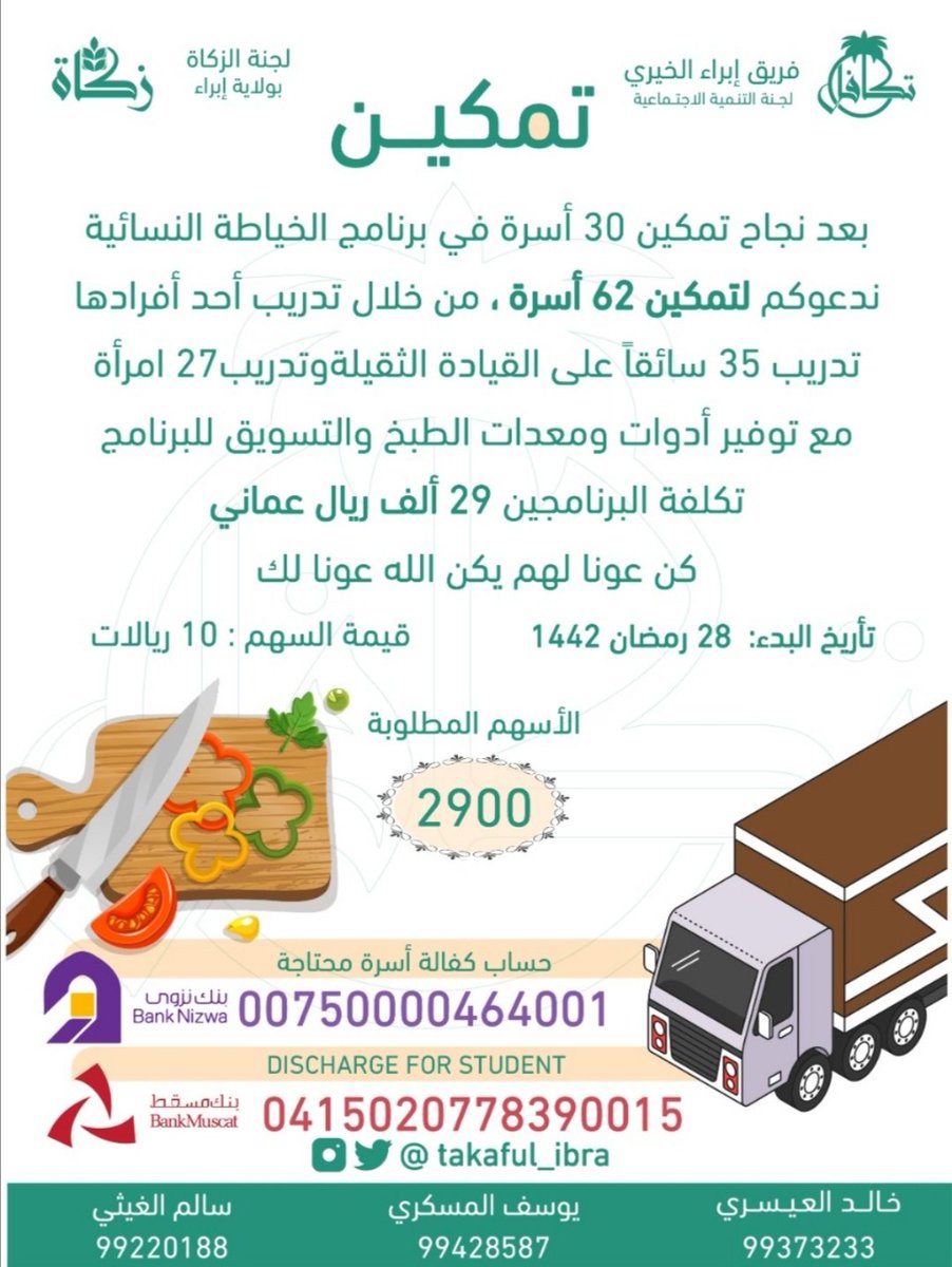 #فريق_إبراء_الخيري
يدعوكم للمساهمة في برنامج
#تمكين
لتدريب ٦٢ أسرة
تكلفة المشروع ٢٩ ألف ريال
قيمة السهم ١٠ ريالات