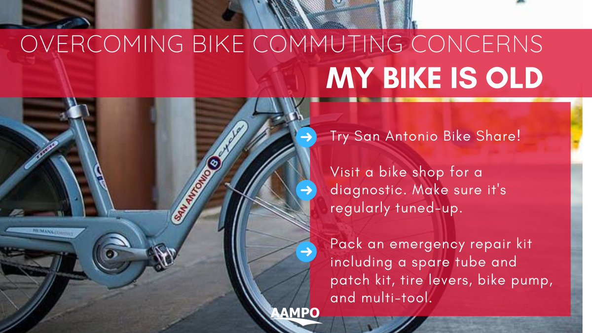 AlamoAreaMPO's tweet photo. 📢As #BikeToWorkDay approaches, we’d like to share tips to help you overcome bike commuting concerns. 🚴🏼‍♀️🚴🏼‍♂️Do you have any tips on this topic? 

👉🏼https://t.co/sh9mtdLR33

#NationalBikeMonth #bicyclesafety #biketowork #bicicleta #Ciclistas #ciclismo https://t.co/DQHq5YxQf0
