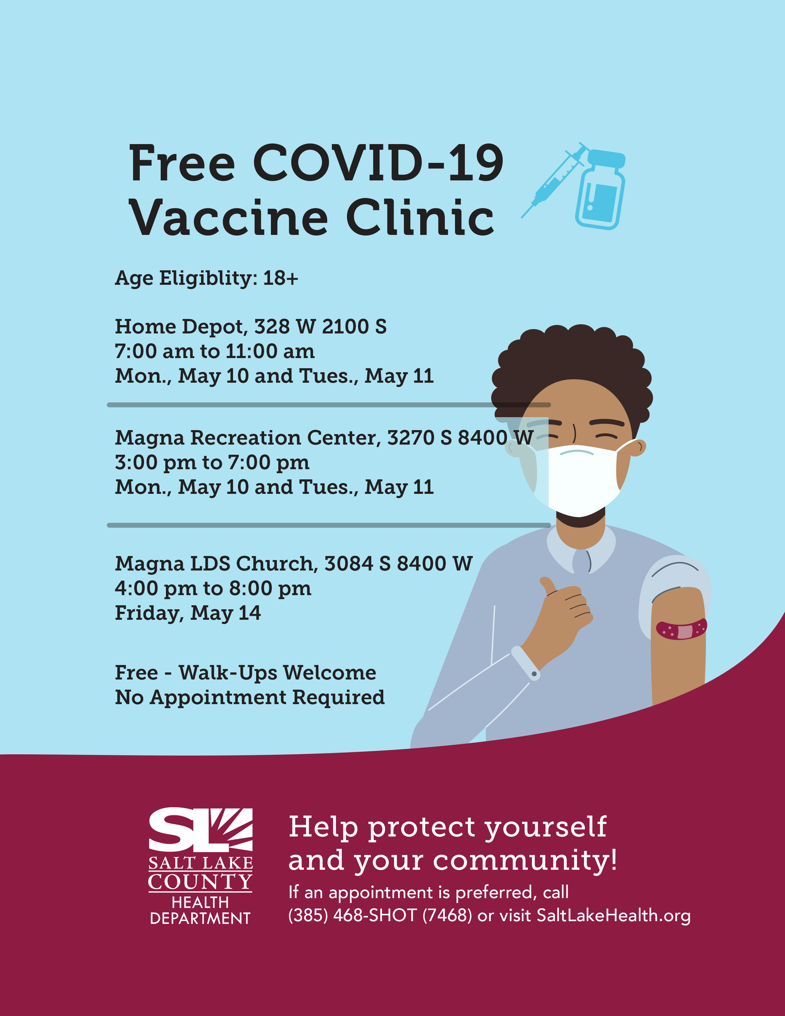 Salt Lake Health We Ve Got Walk In Clinics All Throughout The Week No Appointment Necessary Covid19 Vaccines Are Free No Insurance Required Everyone 18 Years Of Age And Older Is Welcome Thisisourshot