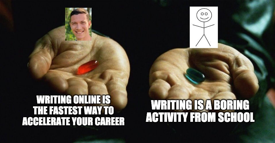 • Society's Blue Pill: Writing is a boring activity from school•  @david_perell's Red Pill: Writing online is the fastest way to accelerate your career
