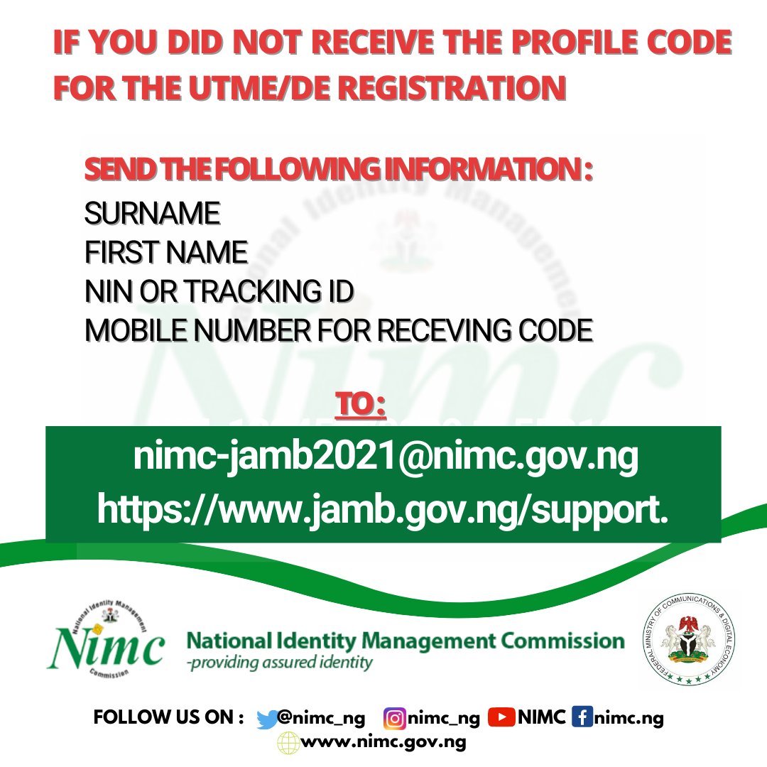 nimc_ng's tweet photo. What to do if you DO NOT receive a profile code for your UTME/DE registration 

#Jamb2021 https://t.co/AxQ5gjcPPw