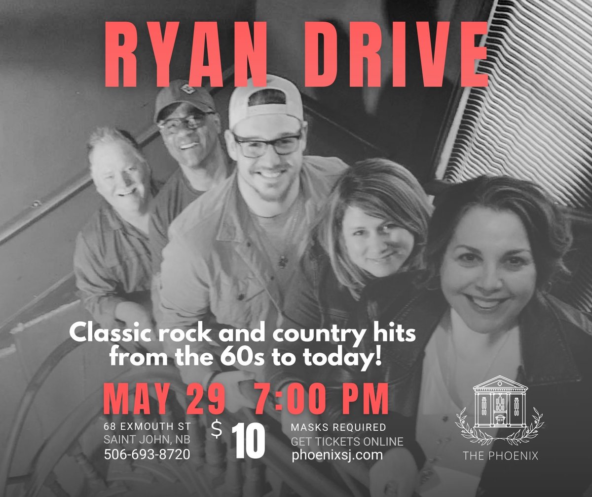 Join us May 29, 2021 at 7:00 pm for a night with Ryan Drive. Playing classics from the 60s to today, it’s clear why this band is a local favourite! Tickets just $10! 

For tickets visit phoenixsj.com/ryan-drive/

#SaintAwesome #music #sjbands #localmusic