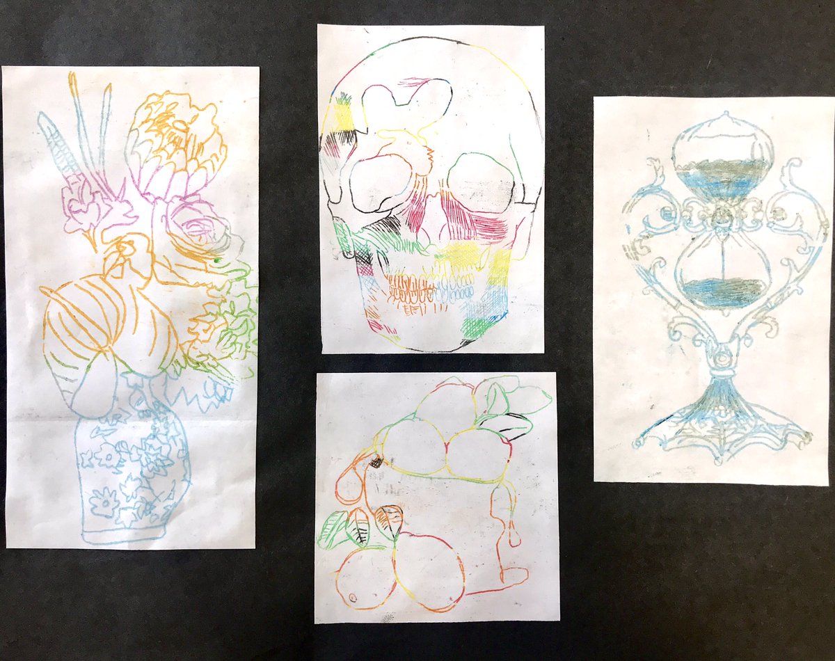 ThompsonColour's tweet photo. Year 9 monoprint Vanitas outcomes. Some brilliant mark-making and colour combinations. #arted https://t.co/ZgSwvLWQTm